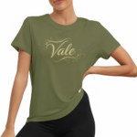 Women wearing Vale signature script t-shirt in breathable cotton, available in olive, blue, and purple colors.