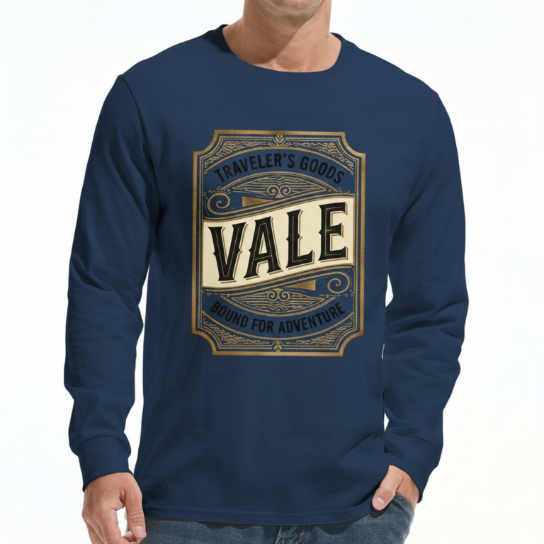 A man wearing a VALE Traveler’s Goods long-sleeve cotton shirt featuring a vintage-style gold and cream graphic label that says "Bound for Adventure" on the chest.