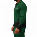 Men's 2-piece breathable textured cotton tracksuit with a quarter-zip polo and joggers featuring a black pine forest gradient design and white VALE logo in Green, Pink, and Wine colors.
