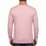 A man wearing a long-sleeved cotton shirt featuring a vertical watercolor tree design with the word "VALE" hidden in the trunk and branches.