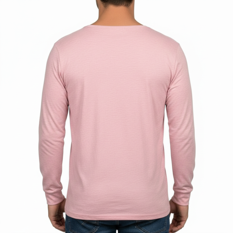 A man wearing a long-sleeved cotton shirt featuring a vertical watercolor tree design with the word "VALE" hidden in the trunk and branches.