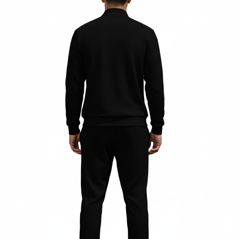 VALE Men's breathable cotton quarter-zip tracksuit set with hand and key graphic print in purple, navy, and black.