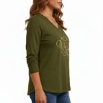 Women wearing a VALE branded long-sleeve breathable cotton V-neck t-shirt in navy blue, mustard yellow, and olive green, paired with blue jeans.