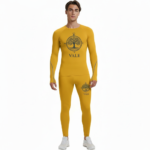 Front view of a man wearing VALE brand 2-piece compression suits in multiple colors including white, navy, orange, and yellow, featuring signature gold side-logos and central compass graphics on breathable cotton-blend fabric.