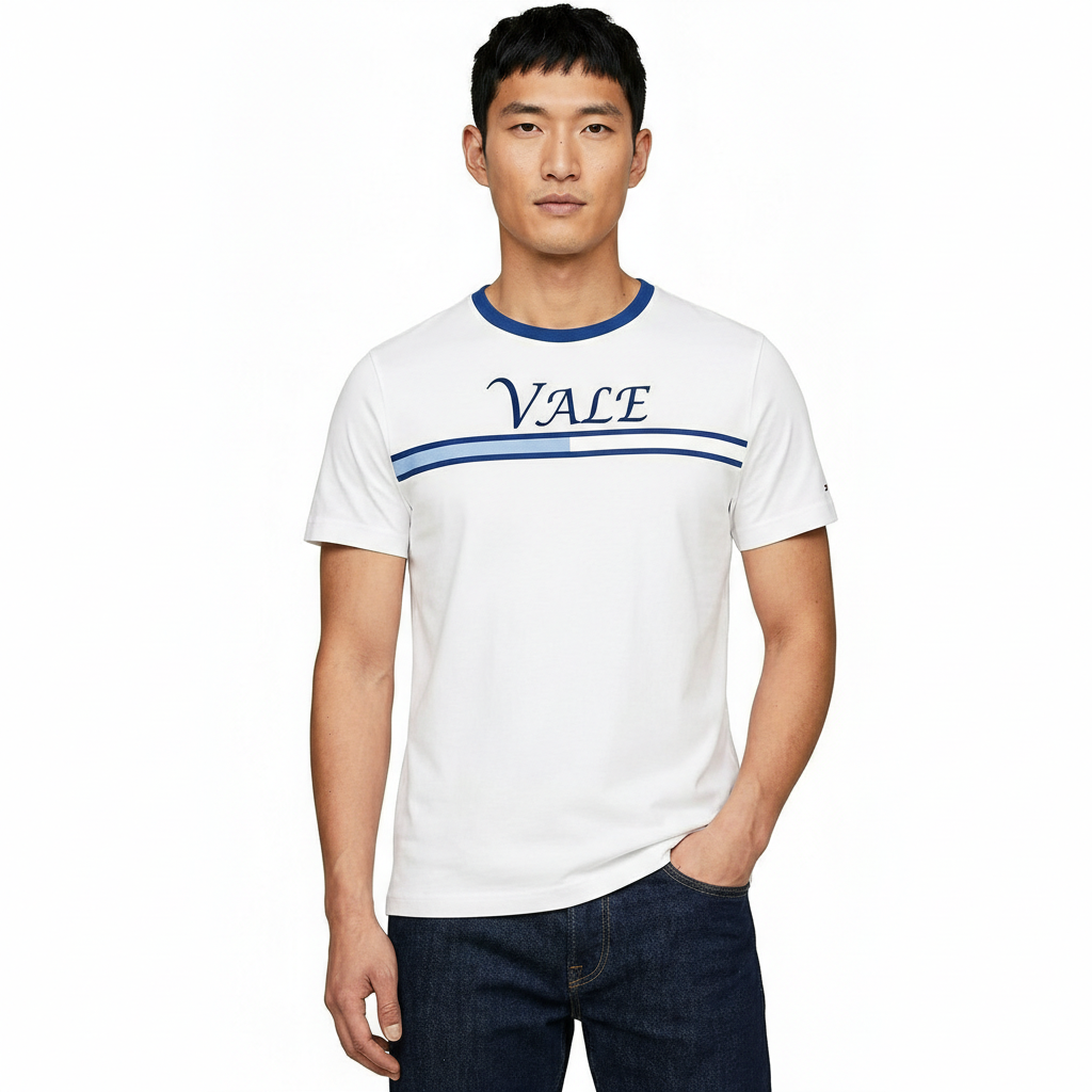 VALE Signature Stripe Breathable T-Shirt Close-up of a man wearing a VALE branded 100% cotton breathable slim-fit t-shirt with a horizontal chest stripe, available in grey, white, and maroon.