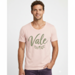 Man wearing a breathable 100% cotton Vale signature scoop neck t-shirt in navy, pink, and burgundy colors, athletic slim fit.
