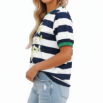 Women's striped cotton t-shirt with yellow butterfly graphic and green ringer neck, breathable summer casual wear.