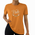 Woman wearing a "Vale" brand floral graphic t-shirt in breathable cotton, available in Forest Green, Olive, and Sand Beige colors.