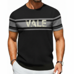 Men's athletic slim fit breathable cotton t-shirt with VALE typography and horizontal color-block stripes