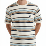 Close-up of a men's slim-fit 100% cotton striped t-shirt with variegated horizontal lines and a small chest logo.