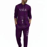 VALE Men's breathable cotton quarter-zip tracksuit set with hand and key graphic print in purple, navy, and black.