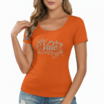 Slim-fit women's ribbed cotton t-shirt featuring a silver "Vale" butterfly graphic, available in burgundy, black, and orange.