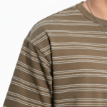 Men's oversized striped cotton t-shirt in green, white, and brown colors with chest logo.