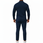 Men's 2-piece breathable cotton tracksuit featuring a quarter-zip polo shirt and matching joggers with a gold Tree of Life compass logo, available in Navy, Maroon, and Orange.
