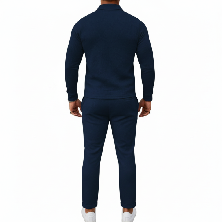 Men's 2-piece breathable cotton tracksuit featuring a quarter-zip polo shirt and matching joggers with a gold Tree of Life compass logo, available in Navy, Maroon, and Orange.