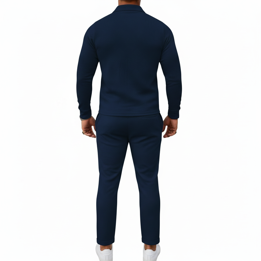 Men's 2-piece breathable cotton tracksuit featuring a quarter-zip polo shirt and matching joggers with a gold Tree of Life compass logo, available in Navy, Maroon, and Orange.