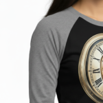 Young woman wearing a Vale Steampunk Clockwork graphic raglan shirt in 3/4 sleeves, made of breathable cotton, available in maroon, grey, and navy colorways.