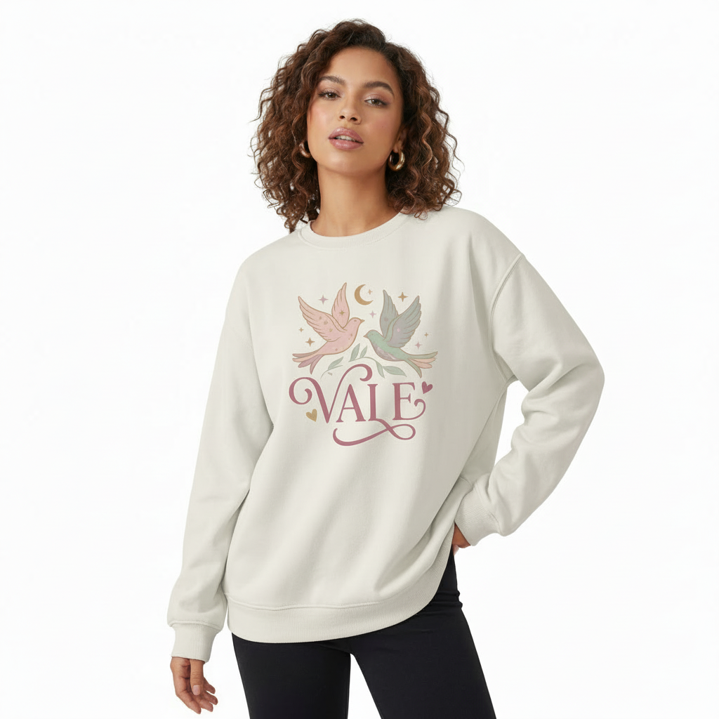 Woman wearing a VALE celestial bird graphic sweatshirt in pink, red, and cream colors. 100% breathable cotton long-sleeve shirt with moon and star design.