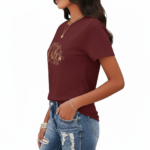 Women's 100% cotton breathable t-shirt with gold floral Vale graphic design, shown in Navy Blue, Maroon, and Green.