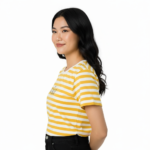 Young woman wearing a VALE brand horizontal striped breathable cotton t-shirt in blue, yellow, and green colors.