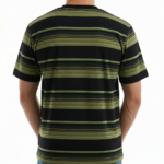Close-up of a men's slim-fit 100% cotton striped t-shirt with variegated horizontal lines and a small chest logo.
