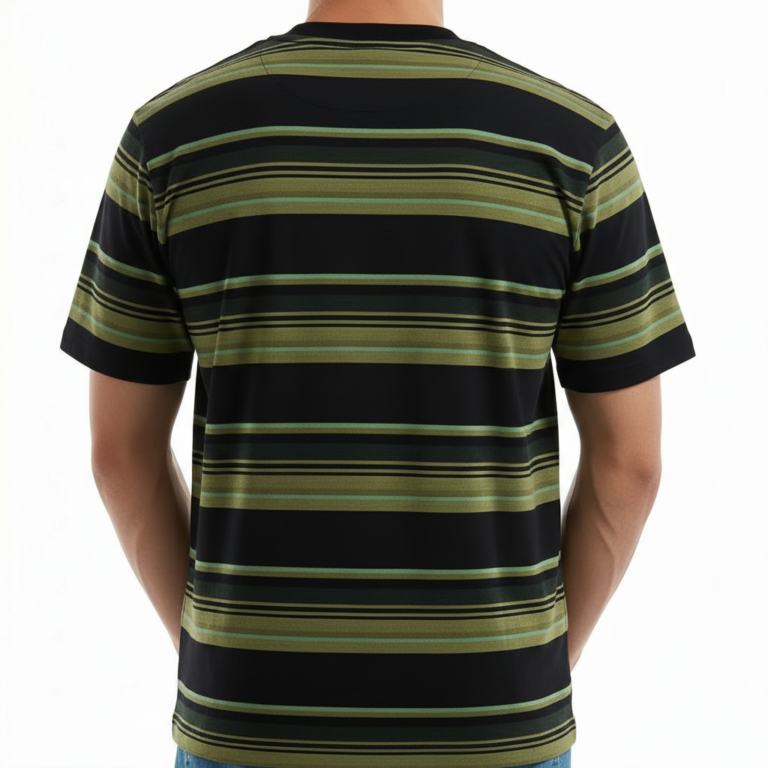 Close-up of a men's slim-fit 100% cotton striped t-shirt with variegated horizontal lines and a small chest logo.