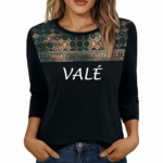 Women's breathable cotton 3/4 sleeve shirt with VALÉ print and bohemian lace mesh yoke design, available in black, maroon, and red.