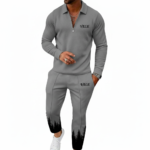 A collection of men's VALE 2-piece tracksuits made of breathable cotton textured jacquard, featuring a quarter-zip polo and joggers with a black pine forest gradient design, shown in Beige, Grey, Red, Navy, Maroon, and Orange.