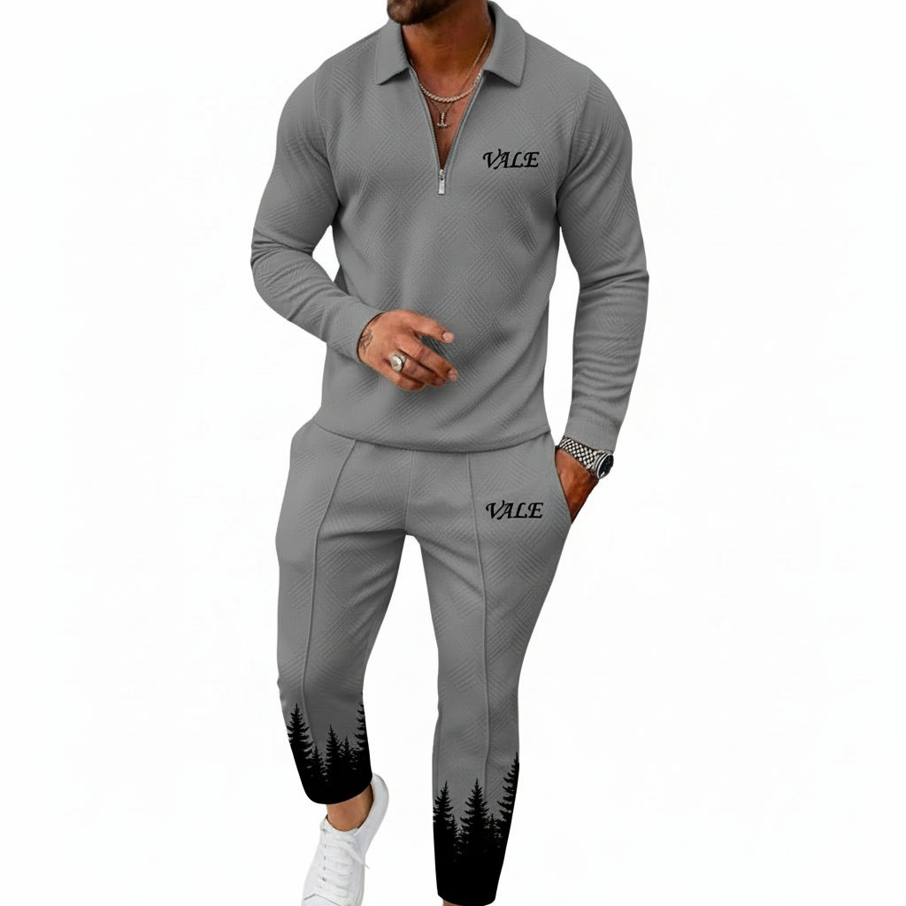 A collection of men's VALE 2-piece tracksuits made of breathable cotton textured jacquard, featuring a quarter-zip polo and joggers with a black pine forest gradient design, shown in Beige, Grey, Red, Navy, Maroon, and Orange.