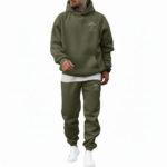 Men's 2-piece oversized tracksuit set made of breathable cotton, featuring a minimalist tree logo and VALE branding, shown in Sand Beige, Olive Green, and Charcoal Grey.