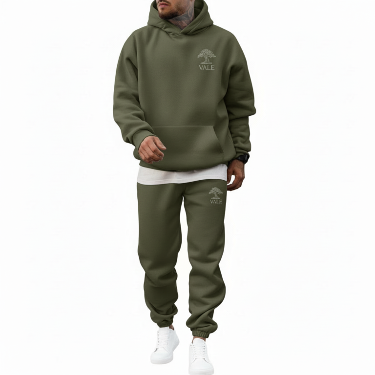 Men's 2-piece oversized tracksuit set made of breathable cotton, featuring a minimalist tree logo and VALE branding, shown in Sand Beige, Olive Green, and Charcoal Grey.