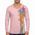 A man wearing a long-sleeved cotton shirt featuring a vertical watercolor tree design with the word "VALE" hidden in the trunk and branches.