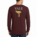 Back view of a man wearing a VALE brand long-sleeve breathable cotton shirt featuring a gold-textured hand holding keys graphic, available in Maroon, Black, and Navy Blue.
