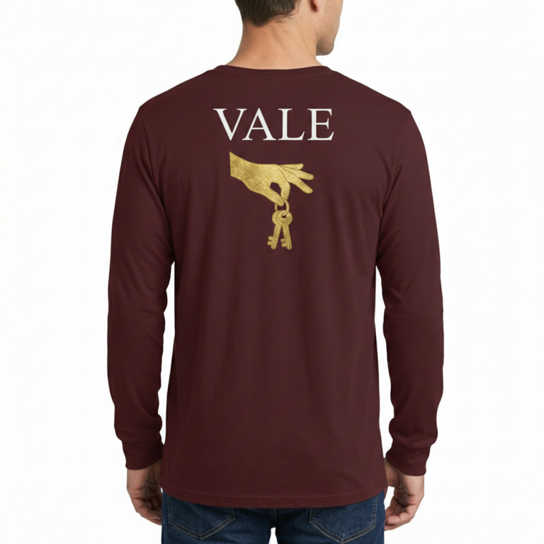 Back view of a man wearing a VALE brand long-sleeve breathable cotton shirt featuring a gold-textured hand holding keys graphic, available in Maroon, Black, and Navy Blue.