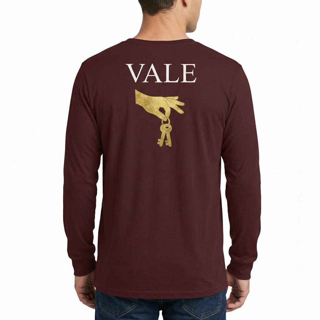 Back view of a man wearing a VALE brand long-sleeve breathable cotton shirt featuring a gold-textured hand holding keys graphic, available in Maroon, Black, and Navy Blue.
