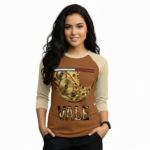 Woman wearing a VALE brand raglan shirt featuring a detailed gold mechanical watch gear graphic and steampunk-style typography on breathable cotton fabric.