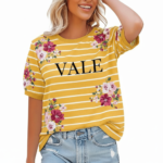Women's breathable cotton t-shirt with VALE text, horizontal white stripes, and pink floral prints available in yellow, blue, and green.