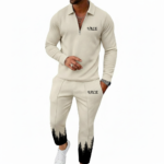 A collection of men's VALE 2-piece tracksuits made of breathable cotton textured jacquard, featuring a quarter-zip polo and joggers with a black pine forest gradient design, shown in Beige, Grey, Red, Navy, Maroon, and Orange.