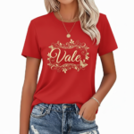 Woman wearing a breathable cotton t-shirt with a floral butterfly "VALE" graphic design on the chest, available in pink, red, and brown colors.