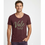 Man wearing a breathable 100% cotton Vale signature scoop neck t-shirt in navy, pink, and burgundy colors, athletic slim fit.