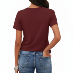 Women's 100% cotton breathable t-shirt with gold floral Vale graphic design, shown in Navy Blue, Maroon, and Green.