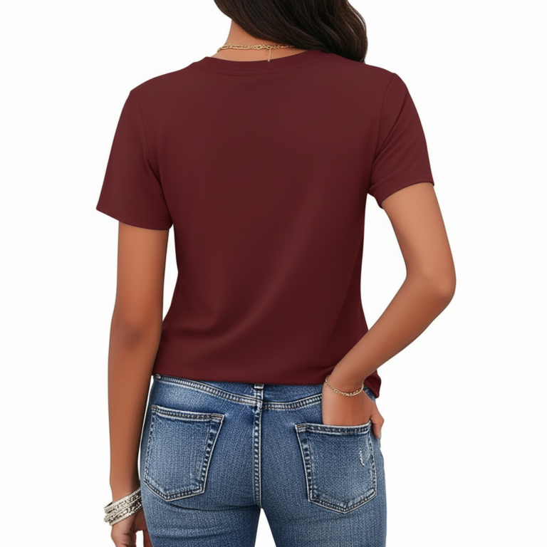 Women's 100% cotton breathable t-shirt with gold floral Vale graphic design, shown in Navy Blue, Maroon, and Green.