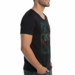 Man wearing a breathable cotton athletic fit T-shirt featuring a colorful iridescent "Vale" gothic logo and Art Deco geometric frame.