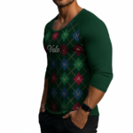 Men's slim fit 3/4 sleeve raglan shirt with green argyle pattern and "Vale" logo, 100% breathable cotton.