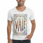 Man wearing VALE brand Art Deco graphic t-shirt in breathable cotton, available in white, olive green, and royal blue, athletic slim fit style.