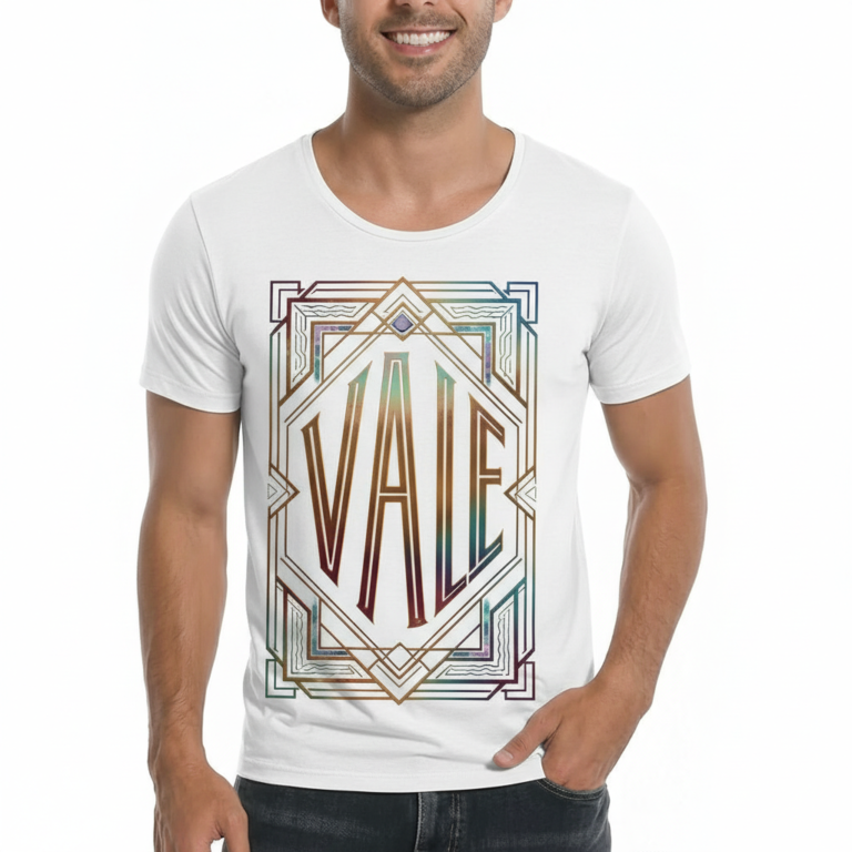 Man wearing VALE brand Art Deco graphic t-shirt in breathable cotton, available in white, olive green, and royal blue, athletic slim fit style.