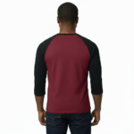 Men's 3/4 sleeve cotton raglan shirt with geometric compass graphic design in navy, maroon, and tan.