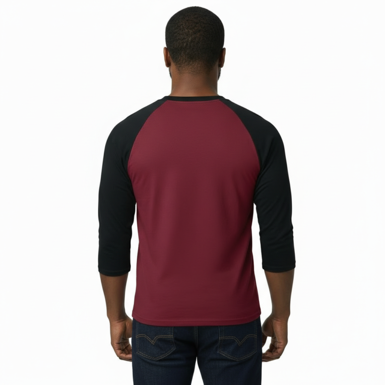 Men's 3/4 sleeve cotton raglan shirt with geometric compass graphic design in navy, maroon, and tan.