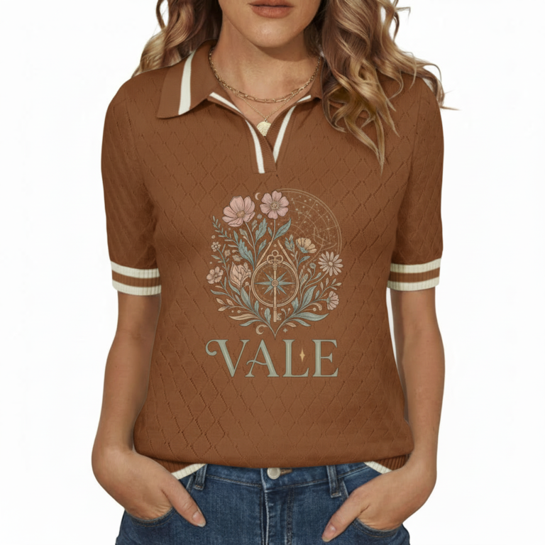 Women's VALE botanical graphic knit polo shirt in breathable pique cotton, featuring diamond texture and vintage floral compass design.