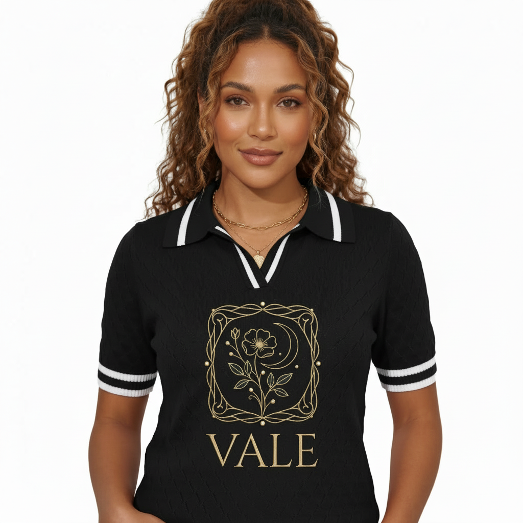 Intricate Gold Floral Embroidery Polo Shirt A high-quality studio shot of a model wearing a VALE brand breathable cotton polo shirt featuring white-tipped collars and a detailed gold floral celestial embroidery on the chest.